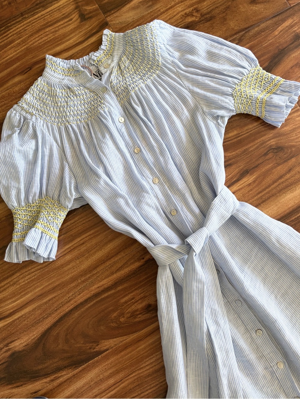 Andion Women’s Bespoke Blue Striped Linen Hand Smocked Maxi Dress XS S M - Picture 2 of 10